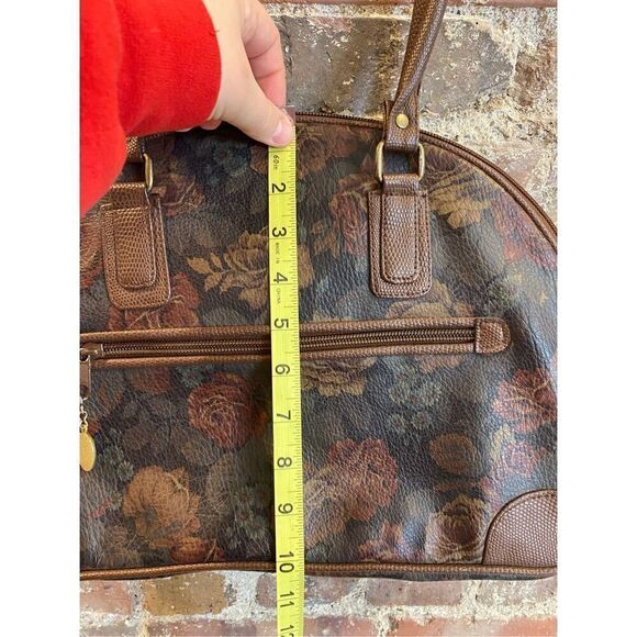 SUN Rose Floral Print Black Faux Leather Brown ‘Gator Trim Shoulder Bag - Picture 10 of 13